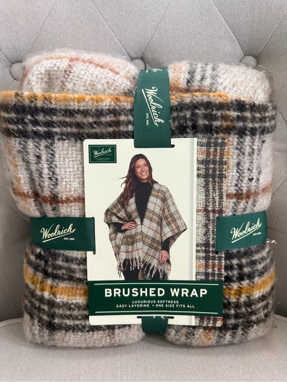 Woolrich Plaid Brushed Wrap in Cream, Gray, Brown and Mustard